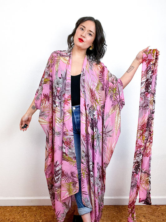Print High Low Kimono Pink Tropical Floral Chiffon