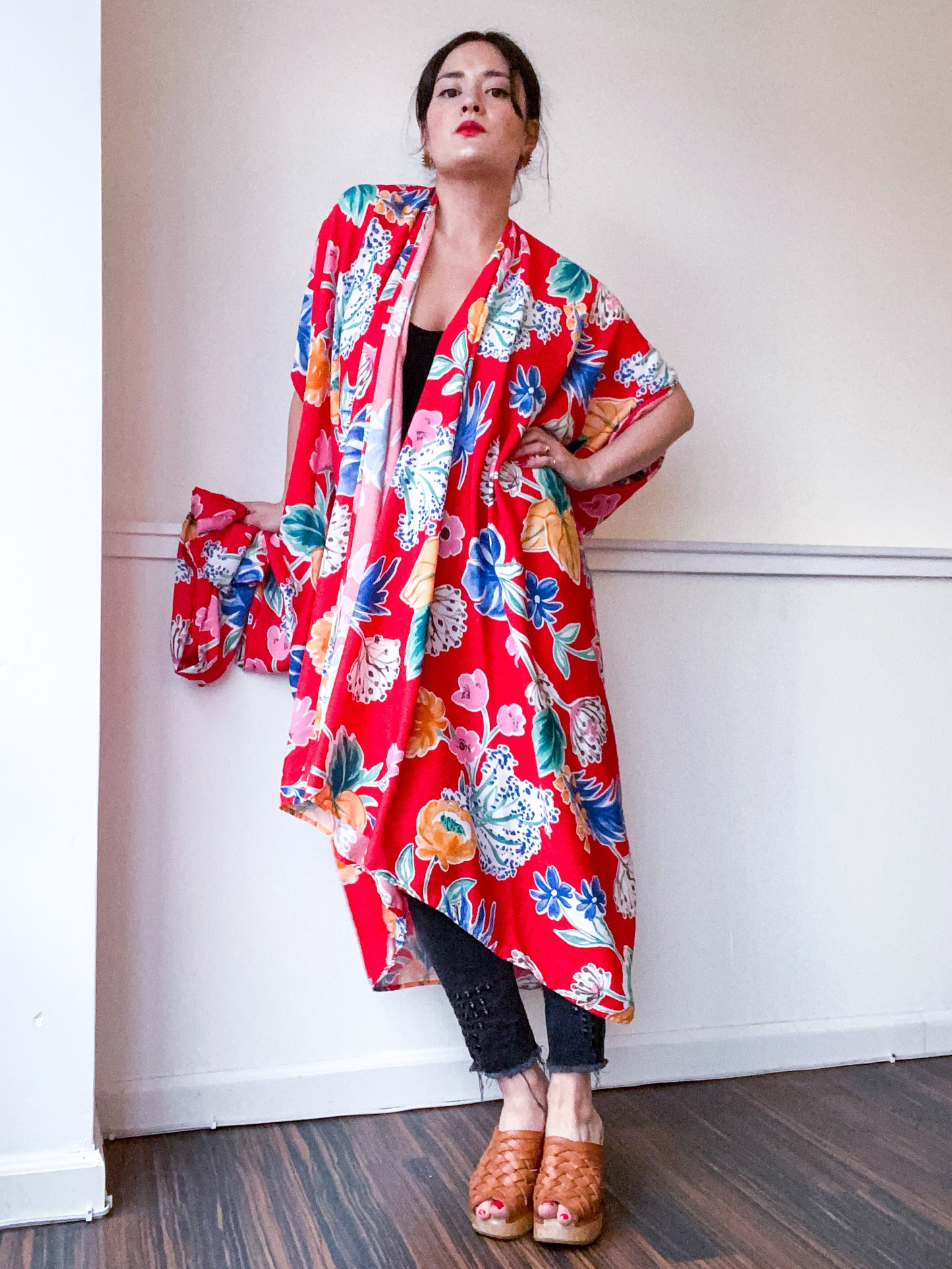 Print High Low Kimono Red Tropical