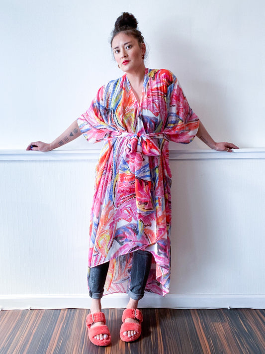 Print High Low Kimono Pink Painterly Chiffon