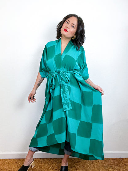 Hand-Dyed High Low Kimono Teal Green Checkerboard