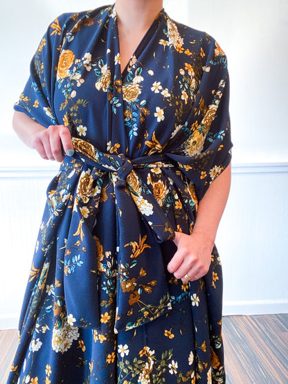 High Low Kimono Navy Yellow Floral Bubble Crepe