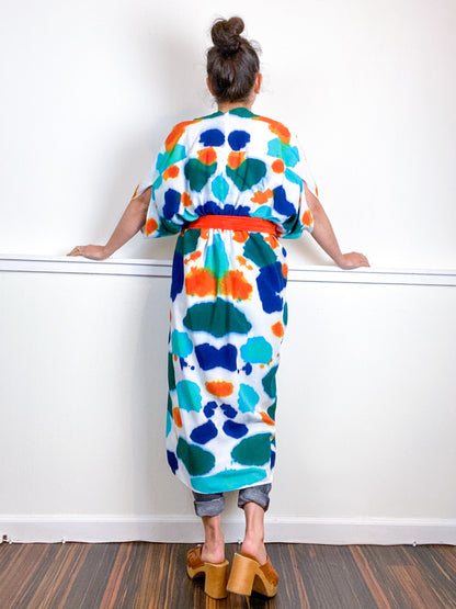 OOAK Hand-Dyed High Low Kimono Indigo Tangerine Emerald Parakeet Inkblot