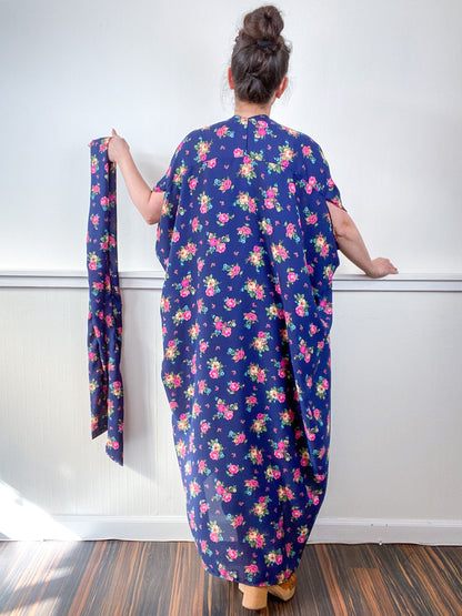 Print High Low Kimono Navy Pink Bouquet Satin