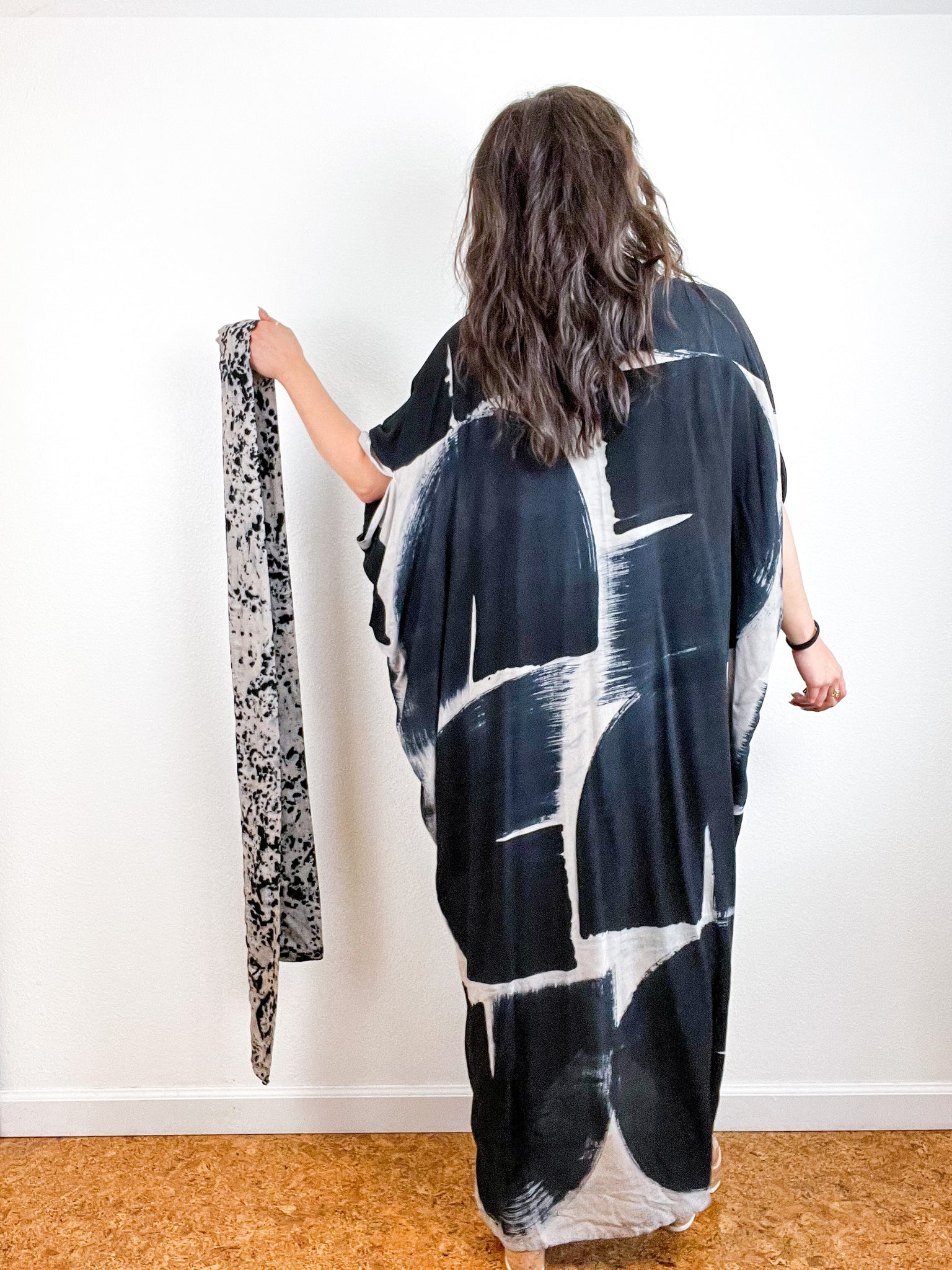 Hand-Dyed High Low Kimono Silver Black Brushstroke