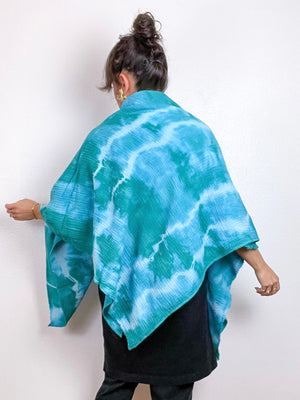 Hand-Dyed Double Gauze Blanket Scarf Aqua Lines