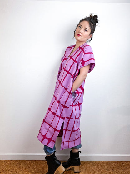 Hand-Dyed Midi Smock Dress Lilac Fuchsia Windowpane
