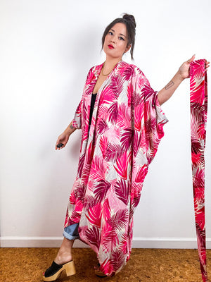 High Low Kimono Pink Palms Challis