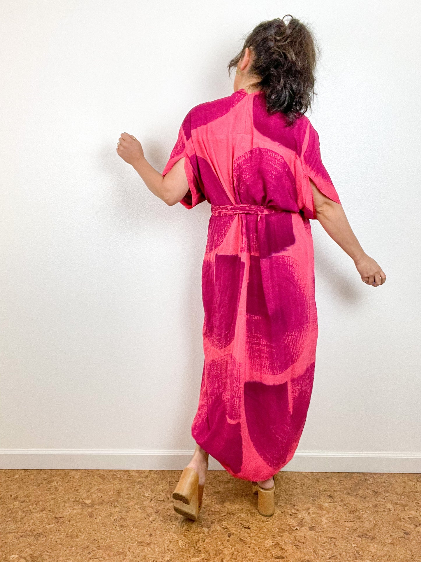 Hand-Dyed High Low Kimono Coral Maroon Brushstroke