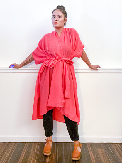 Solid High Low Kimono Coral Cotton Gauze