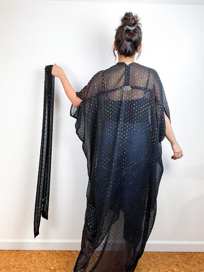 Solid High Low Kimono Black Metallic Rainbow Swiss Dot Chiffon
