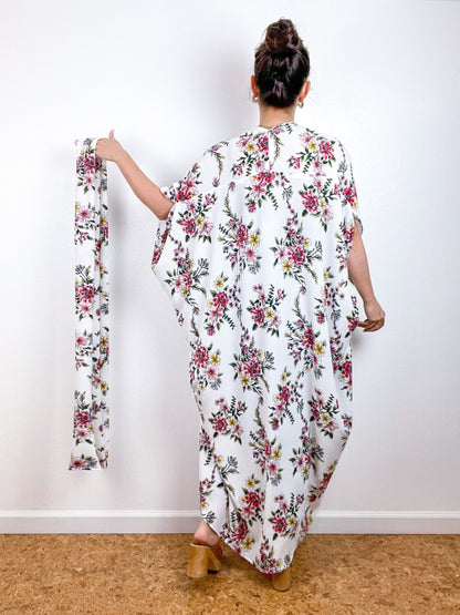 Print High Low Kimono Ivory Floral Bubble Crepe
