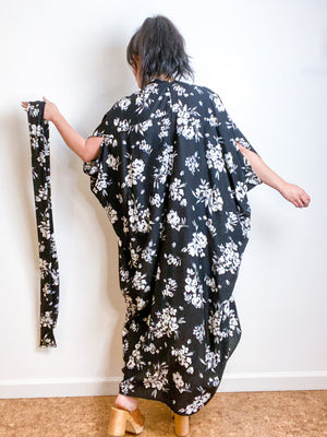 Print High Low Kimono Black White Floral Challis