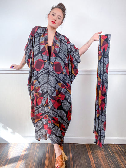 Print High Low Kimono Black White Rust Graphic Crepe