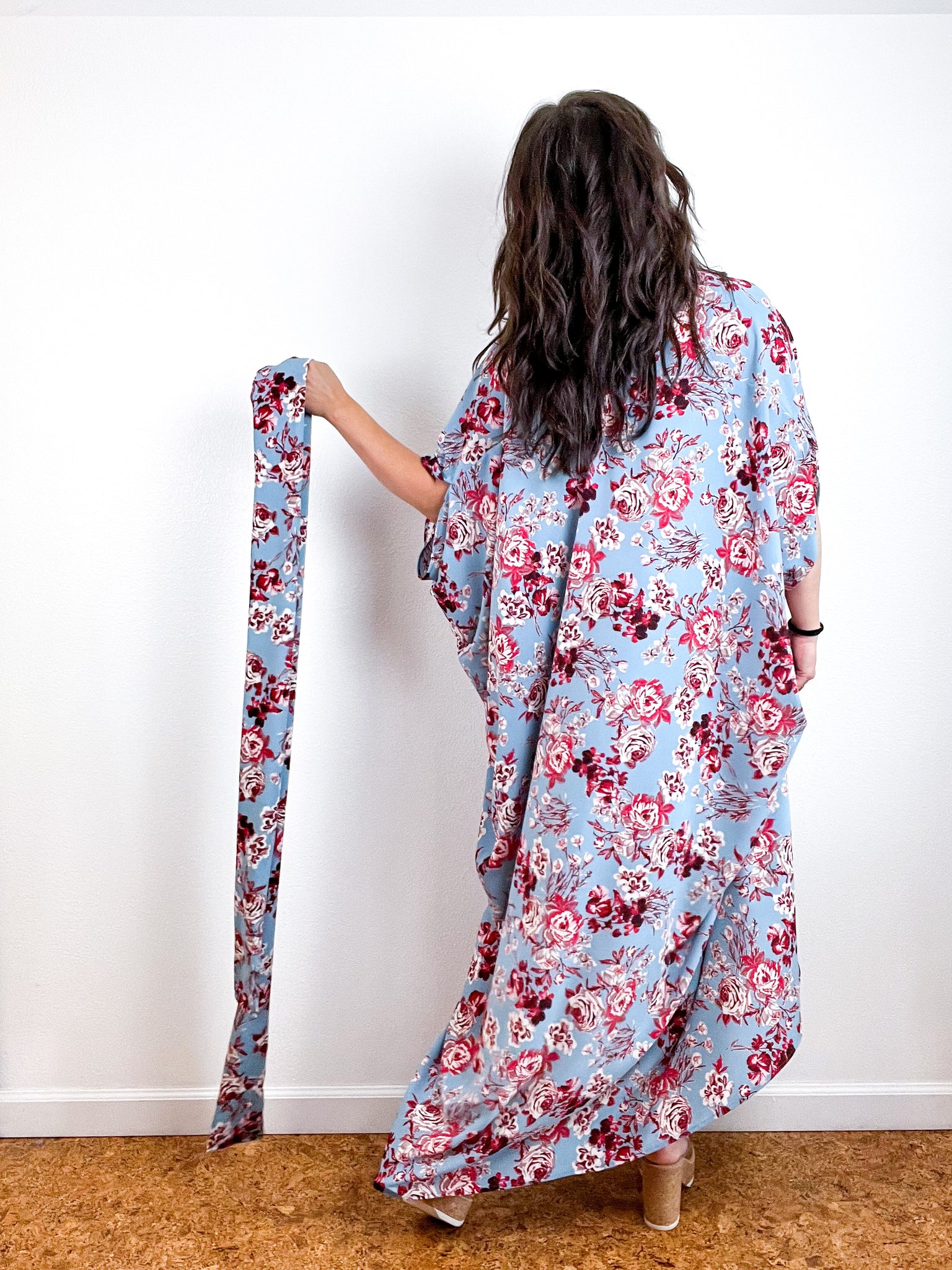 Print High Low Kimono Periwinkle Red Floral Bubble Crepe