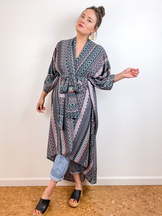 Print High Low Kimono Peach Black Ziggy Crepe