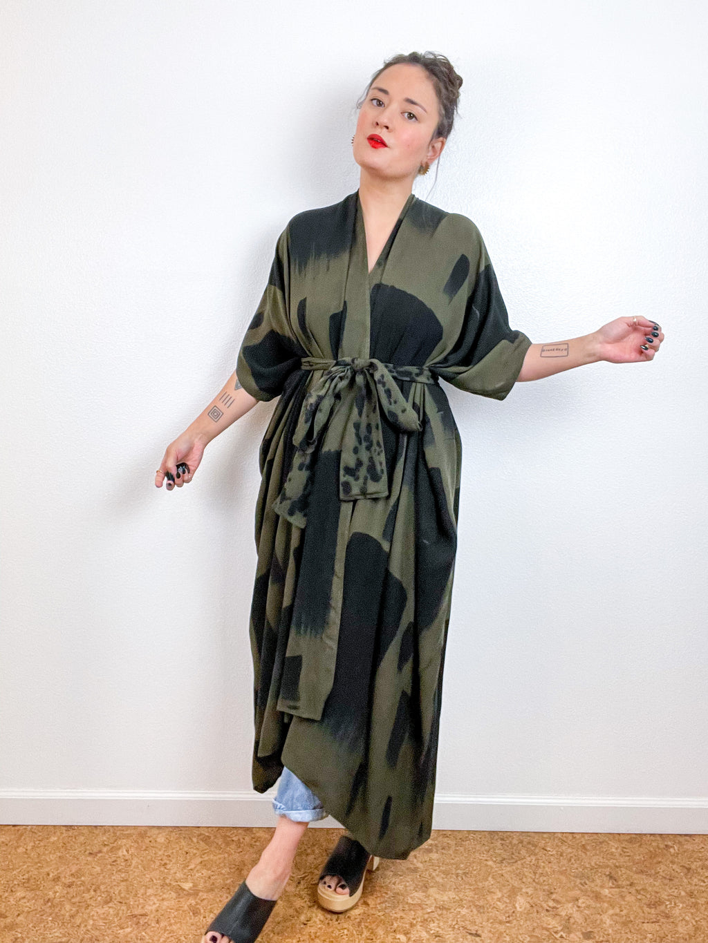 Hand-Dyed High Low Kimono Forest Black Rectangles