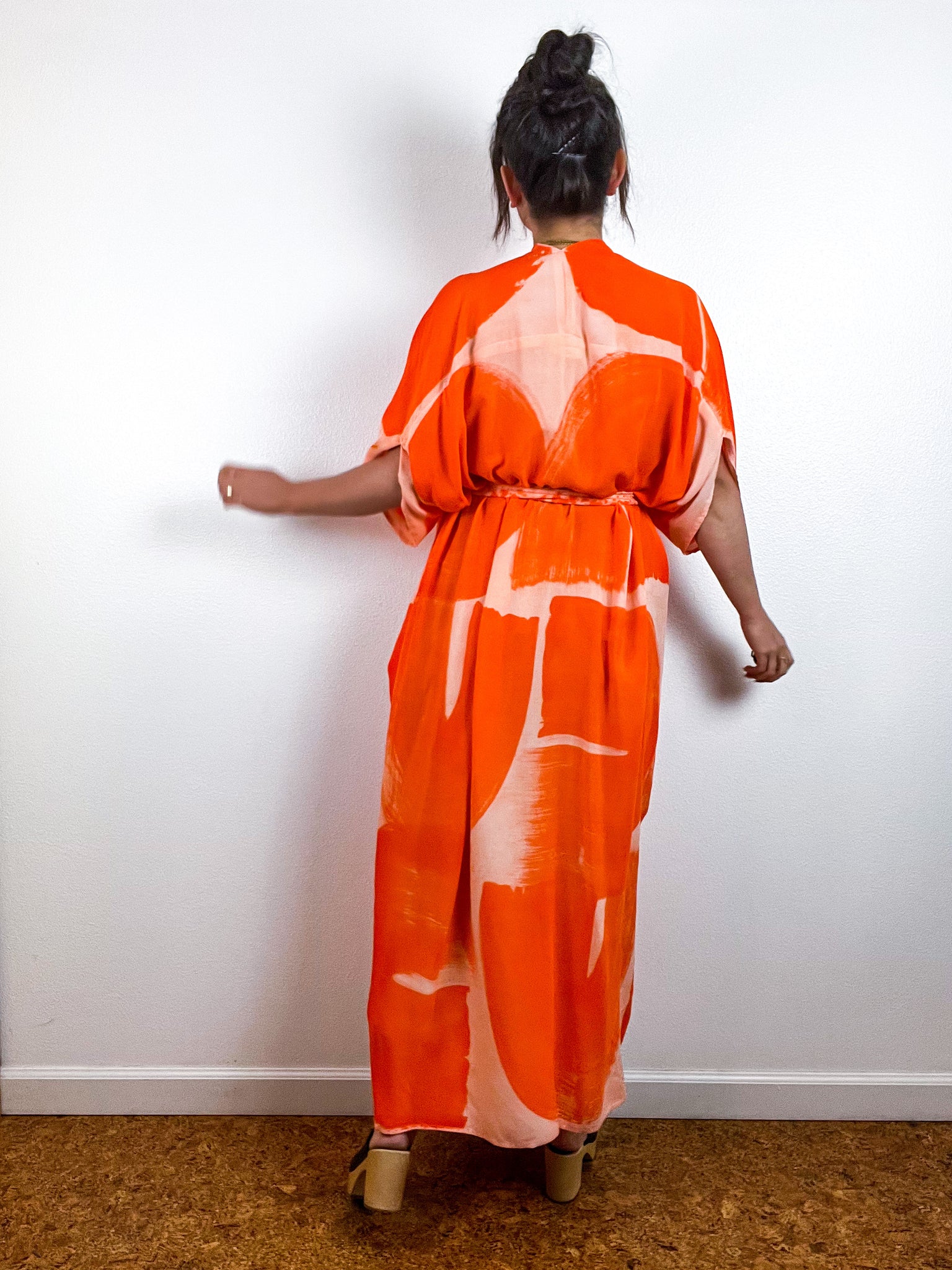 Hand-Dyed High Low Kimono Peach Orange Brushstroke