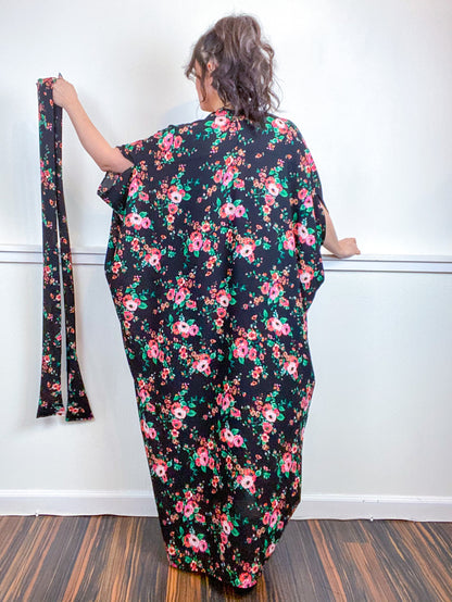 Print High Low Kimono Black Orange Pink Rose Bubble Crepe