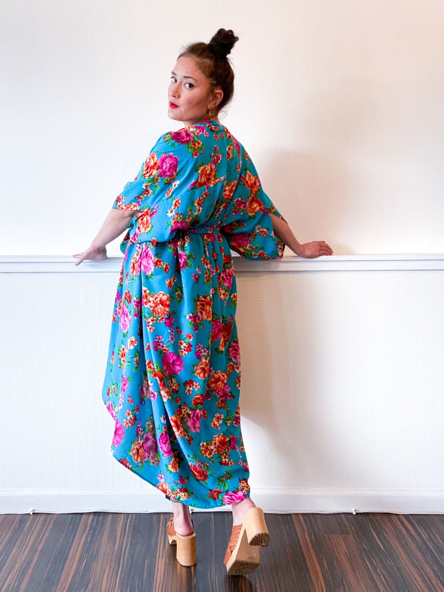 Print High Low Kimono Turquoise Floral Rayon Challis