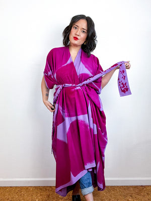 Hand-Dyed High Low Kimono Lilac Fuchsia Brushstroke