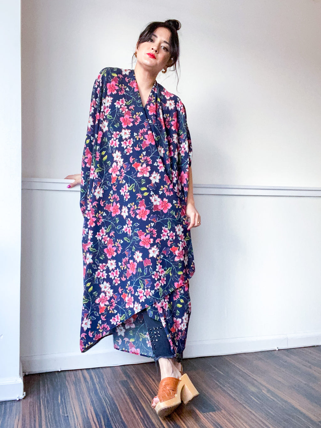 Print High Low Kimono Navy Sweetpea