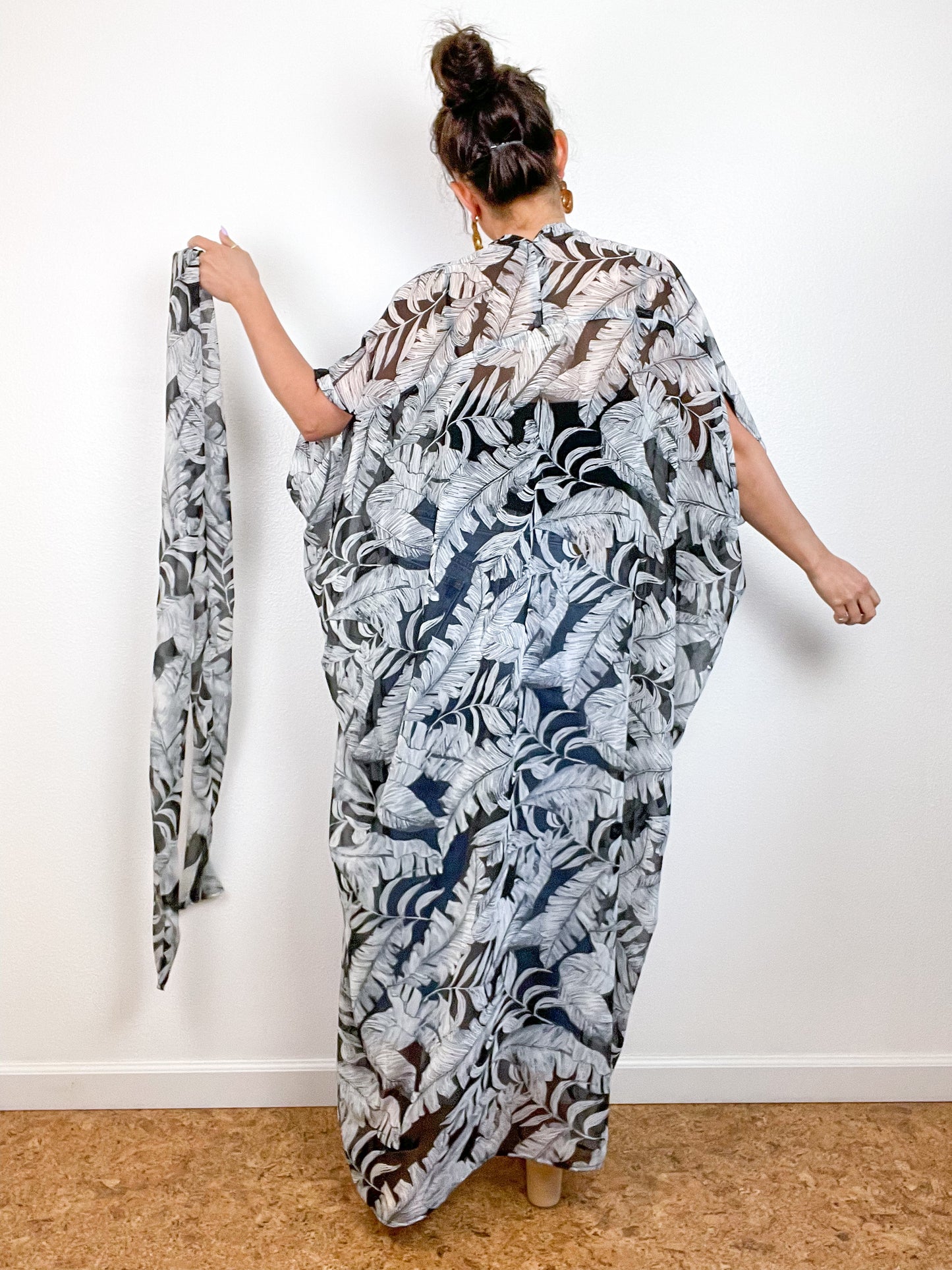 Print High Low Kimono Black Tropical Palms Chiffon