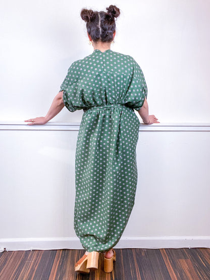 Print High Low Kimono Olive Tie Challis