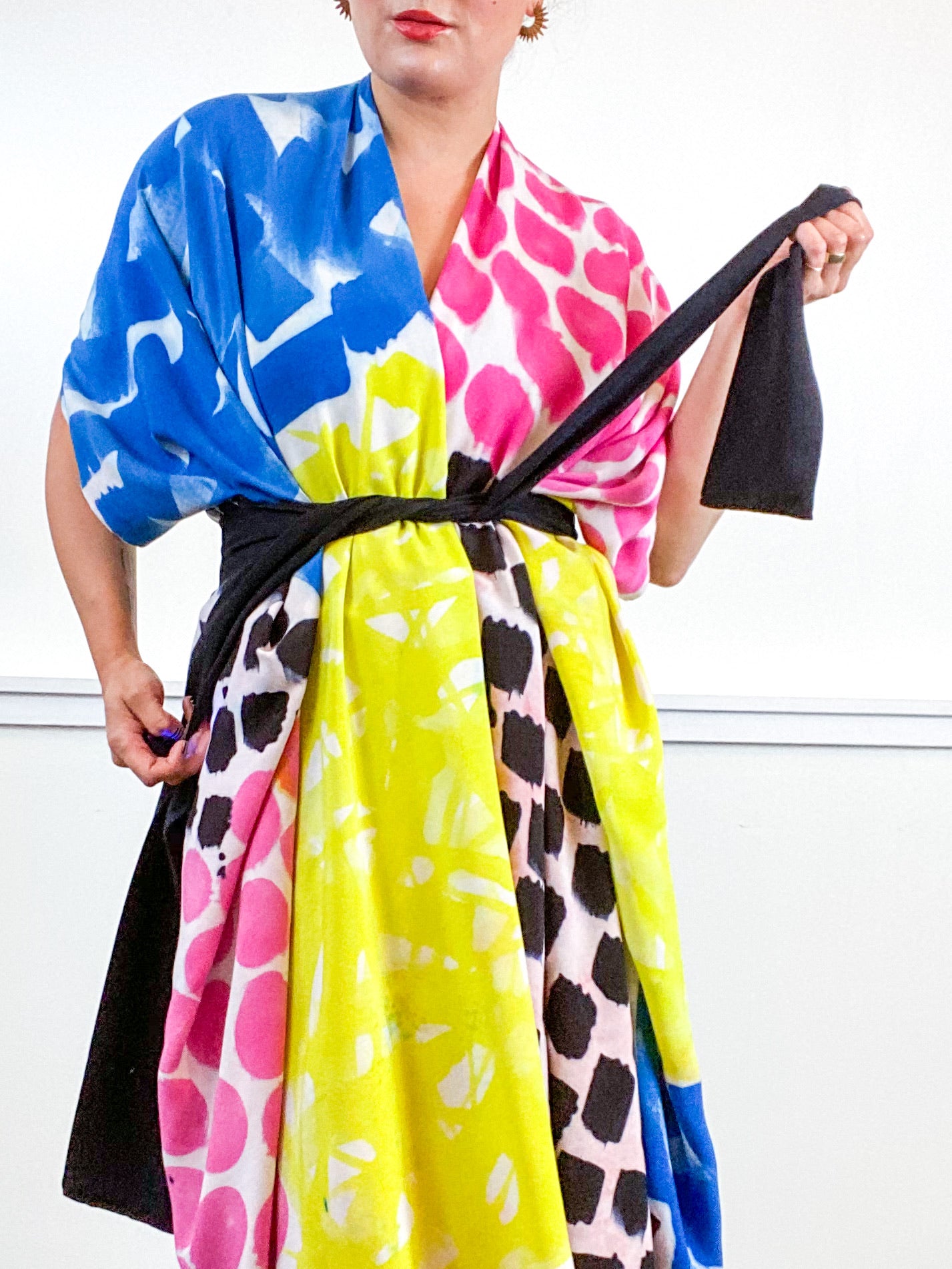OOAK Hand-Dyed High Low Kimono Pink Raven Royal Lemon Brushstrokes