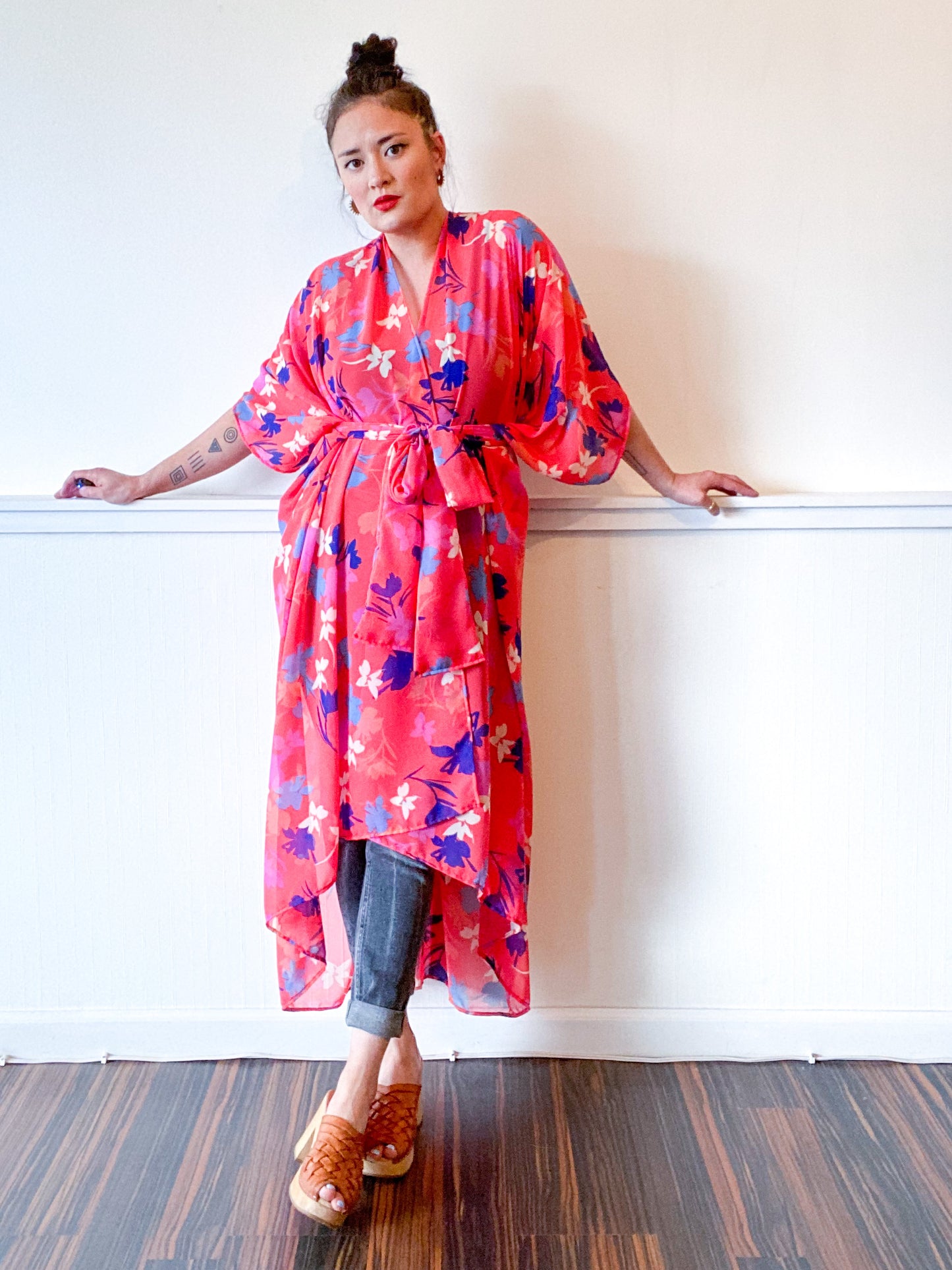 Print High Low Kimono Coral Floral Chiffon