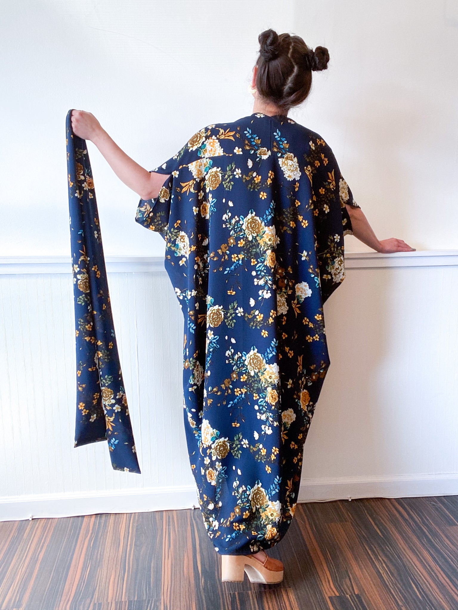 High Low Kimono Navy Yellow Floral Bubble Crepe