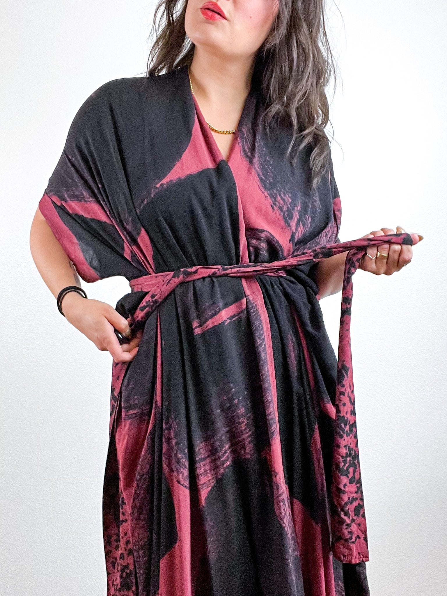 Hand-Dyed High Low Kimono Maroon Black Brushstroke