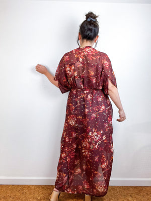 Print High Low Kimono Maroon Gold Floral Crinkle Chiffon