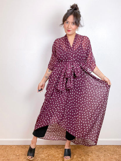 Print High Low Kimono Maroon Half Moon Chiffon
