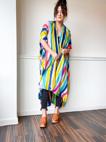 Limited Edition Hand-Dyed High Low Kimono Multicolor Stripes