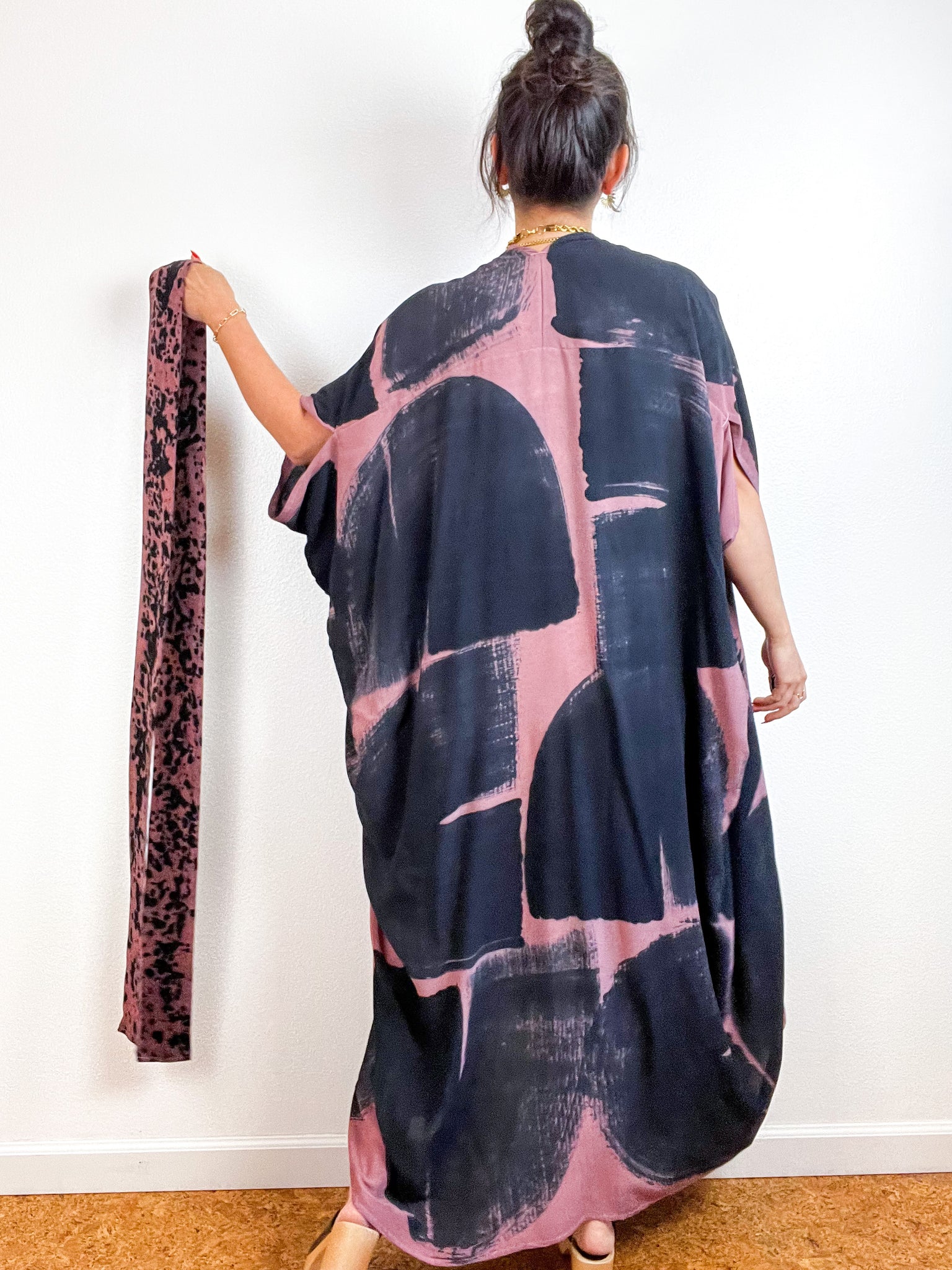 Hand-Dyed High Low Kimono Dusty Rose Black Brushstroke