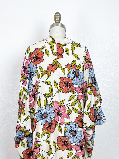 Print High Low Kimono Ivory Pastel Floral Rayon Crepe