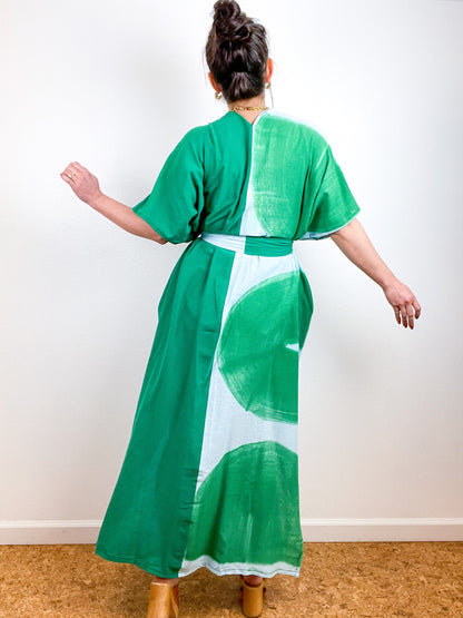 Single Gauze Duster Kimono Green Aqua Brushstrokes