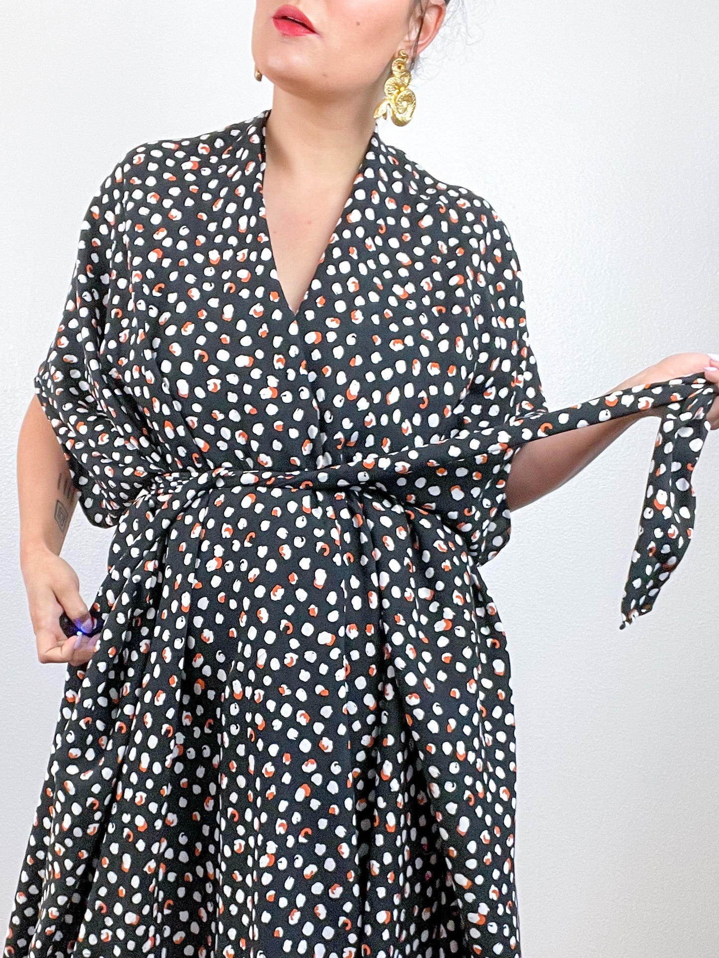 Print High Low Kimono Black White Rust Dots Challis