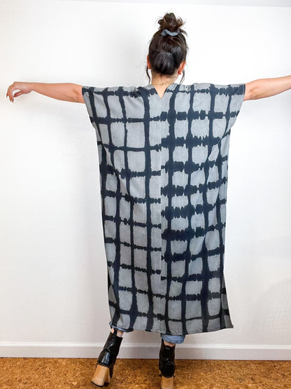 Hand-Dyed Midi Smock Dress Grey Black Windowpane