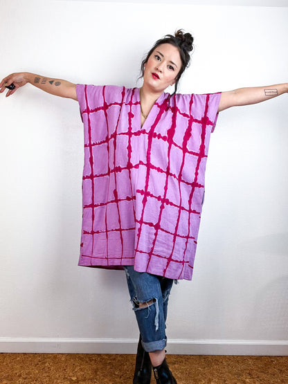 Hand-Dyed Mini Smock Dress Lilac Fuchsia Windowpane