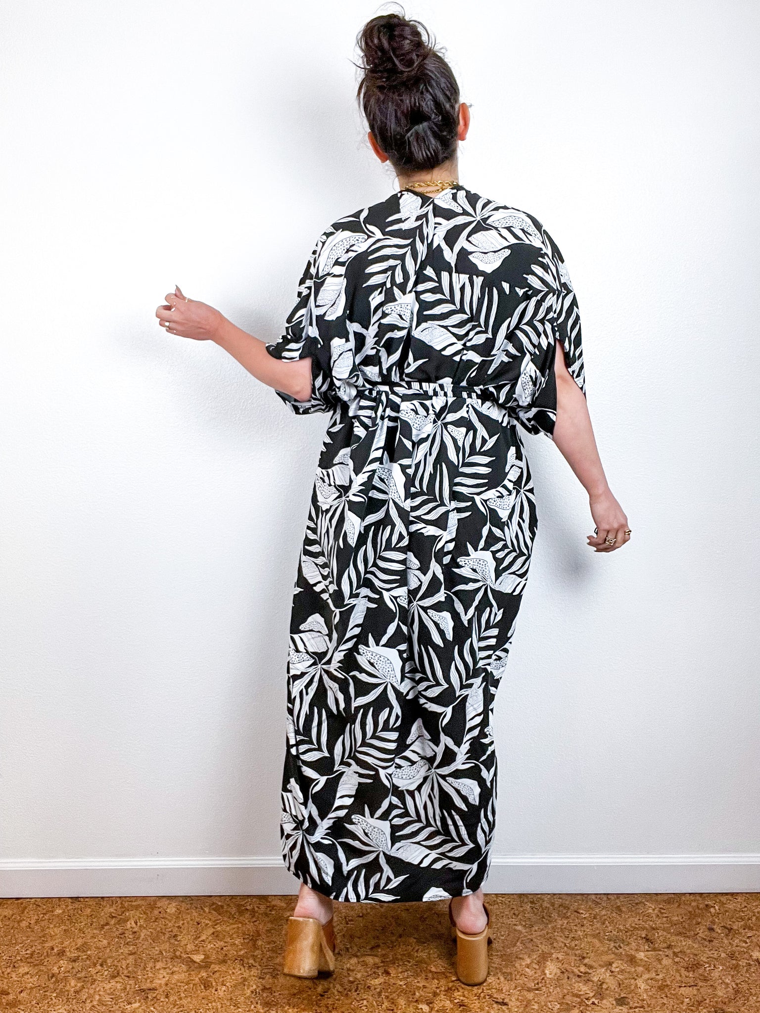 High Low Kimono Black White Tropical Leaves Rayon Challis
