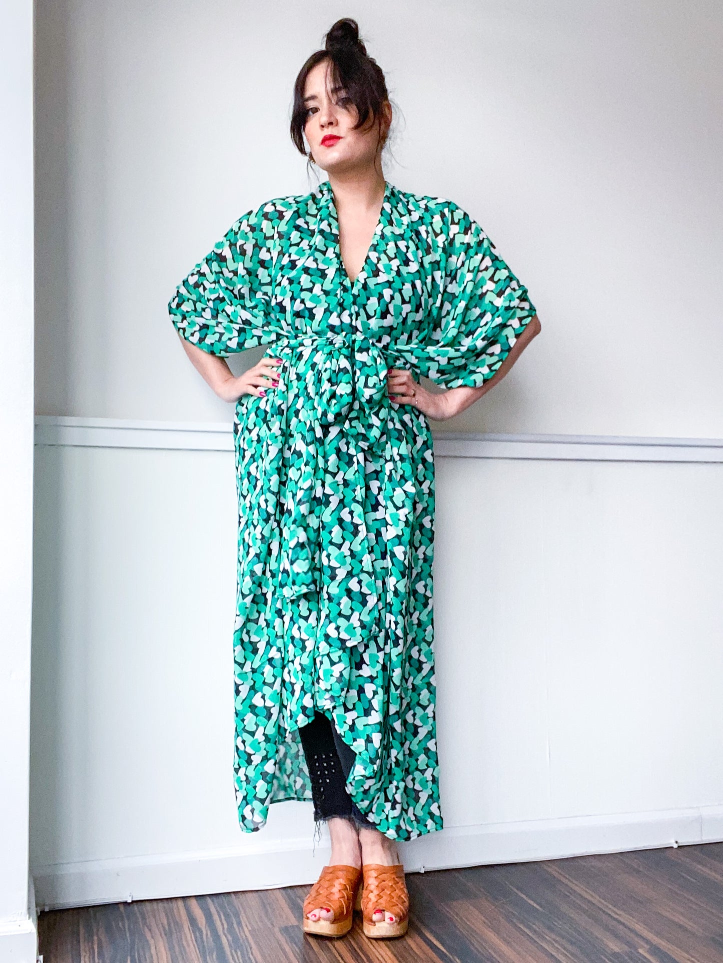 Print High Low Kimono Emerald Hearts