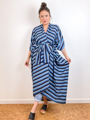 Print High Low Kimono Navy Blue Stripe Crepe
