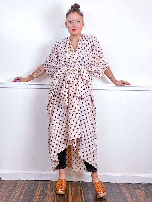 Print High Low Kimono Blush Polka Dots Bubble Crepe