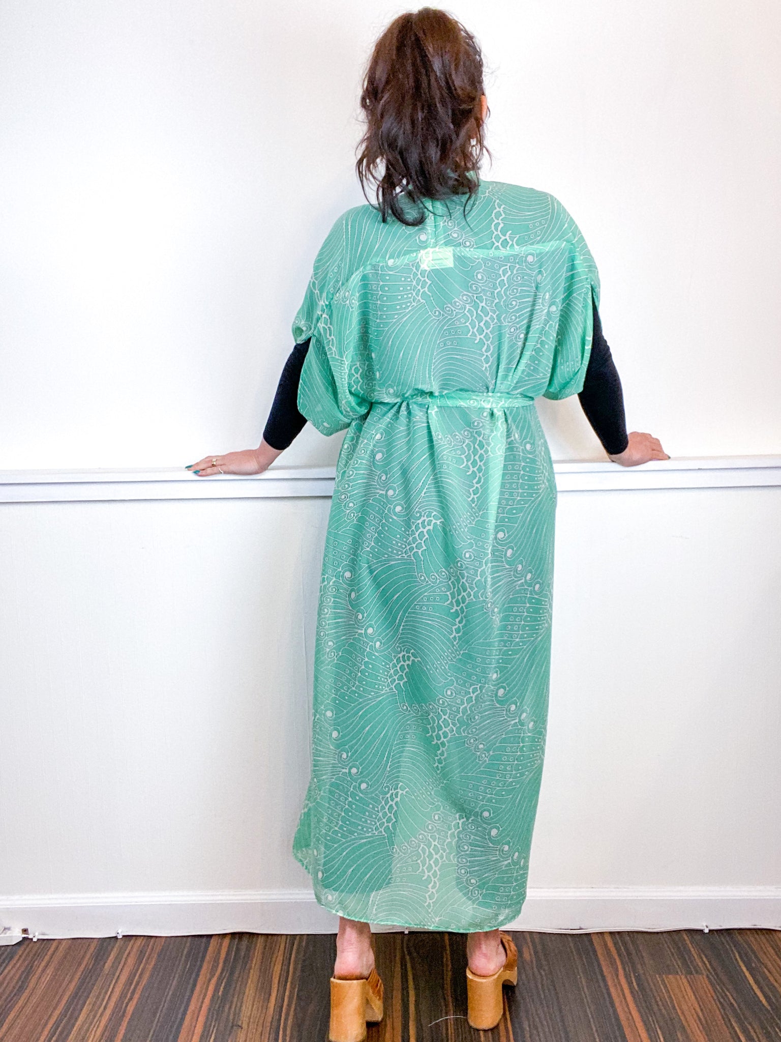 Print High Low Kimono Mint Swirl Chiffon