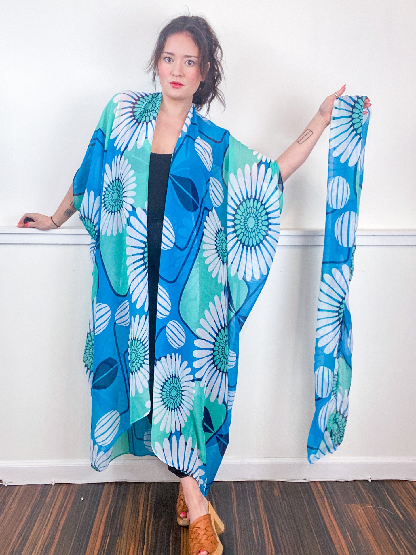 Print High Low Kimono Turquoise Pop Floral Crinkle Chiffon