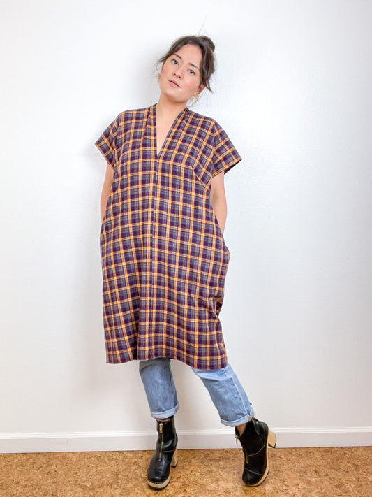 Plaid Flannel Smock Dress Maroon Grey