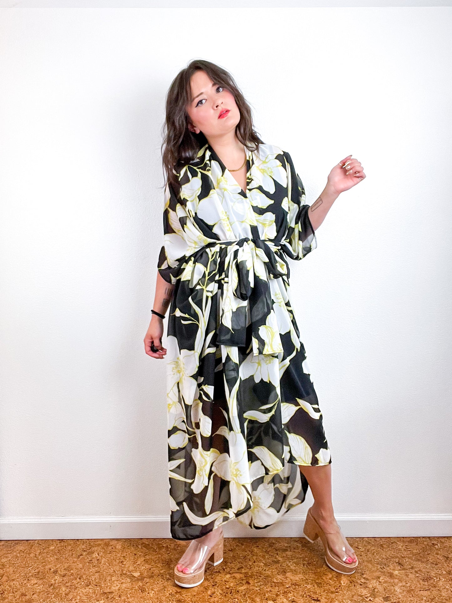 Print High Low Kimono Black Chartreuse Outline Floral Chiffon