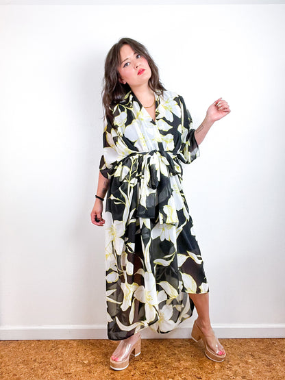 Print High Low Kimono Black Chartreuse Outline Floral Chiffon