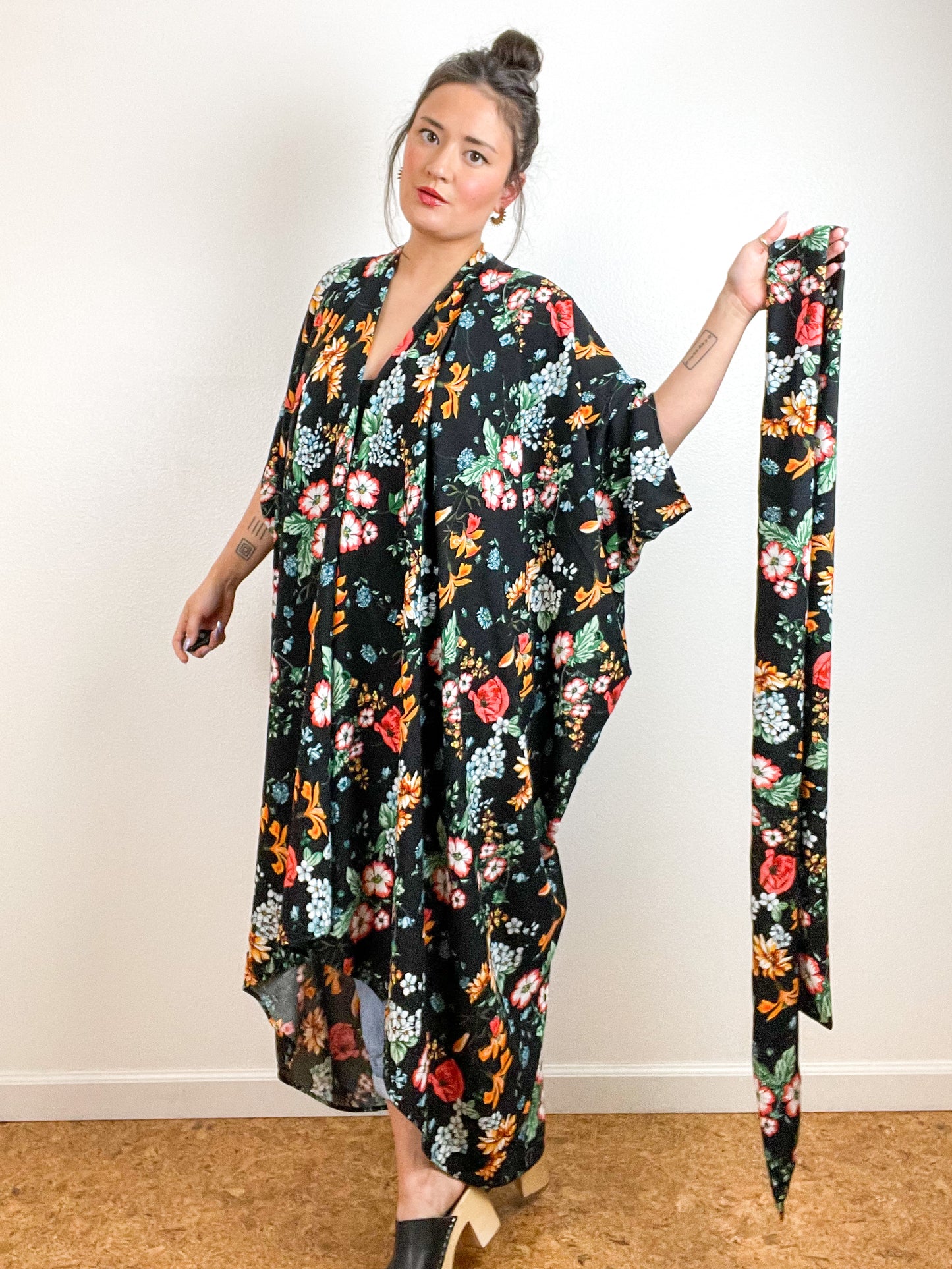 High Low Kimono Black Botanical Rayon Challis